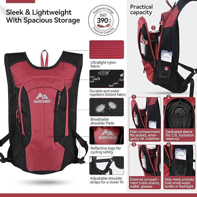 MARCHWAY Lightweight Hydration Backpack with Vest Style Straps & 2.5L TPU Water Bladder, Versatile