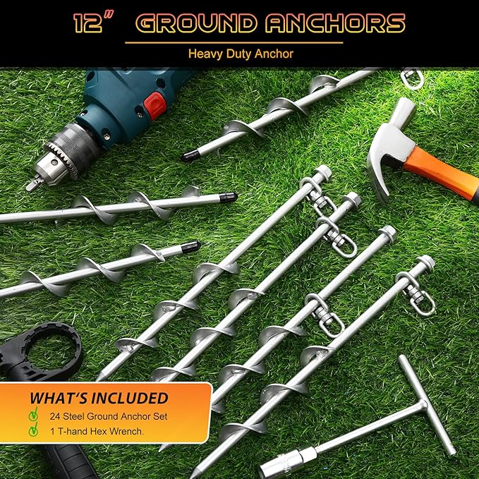 Zhengmy 24 Pcs Ground Anchors Screw in, 12 Inch Heavy Duty Tent Stakes with Trampoline Anchor Hook