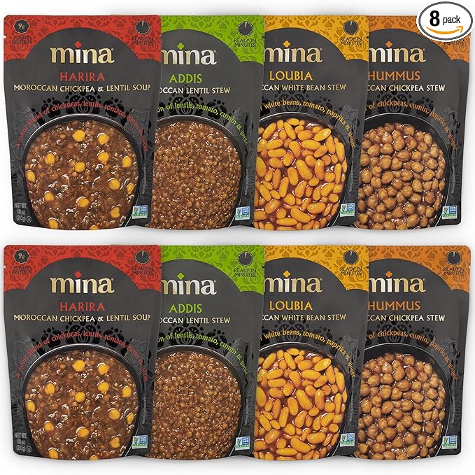 Mina Moroccan Lentils, Chickpeas, White Beans & Harira - Healthy Snacks Variety Pack of 8 (10 oz)