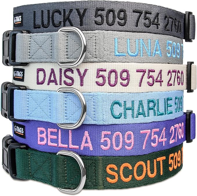 GoTags Personalized Dog Collar, Custom Embroidered with Pet Name and Phone Number in Blue, Black