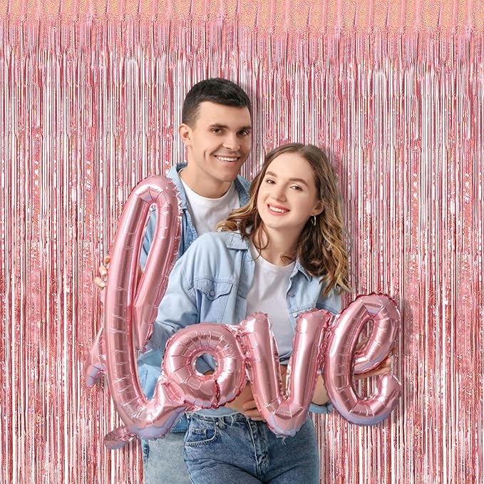 BRAVESHINE Rose-Gold Metallic Tinsel Backdrop - 2Pcs 3.2x8.2ft Metallic Tinsel Foil Fringe Curtains
