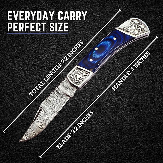 Handmade Damascus Pocket Knife for Men - 7.2 Inches Engraved Steel Damascus Folding Pocket Knife