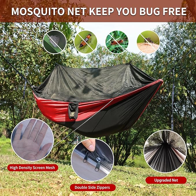 Camping Hammock with Net,Portable Lightweight Double Hammocks with Tree Straps and Solid D-Shape