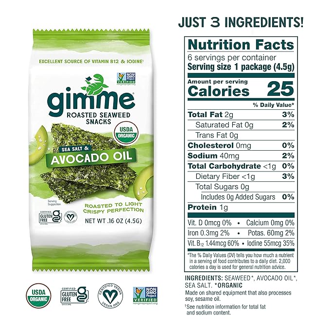Gimme Seaweed Organic Premium Roasted Seaweed Snacks, Sea Salt & Avocado Oil, 6 Count, Keto, Vegan