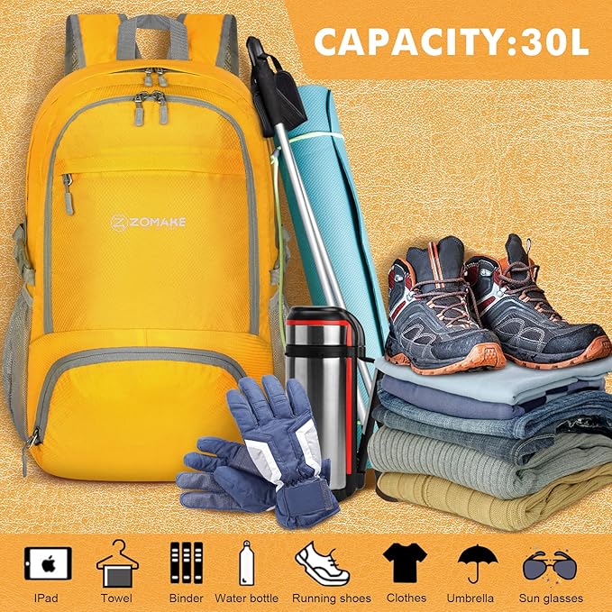 ZOMAKE Lightweight Packable Backpack 30L, Foldable Hiking Backpacks Water Resistant Compact Folding