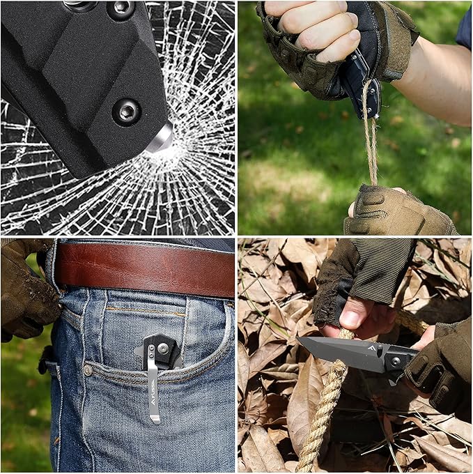 FLISSA Folding Pocket Knife, Tactical Knife with Liner Lock, Tanto Blade, Pocket Clip, Glass