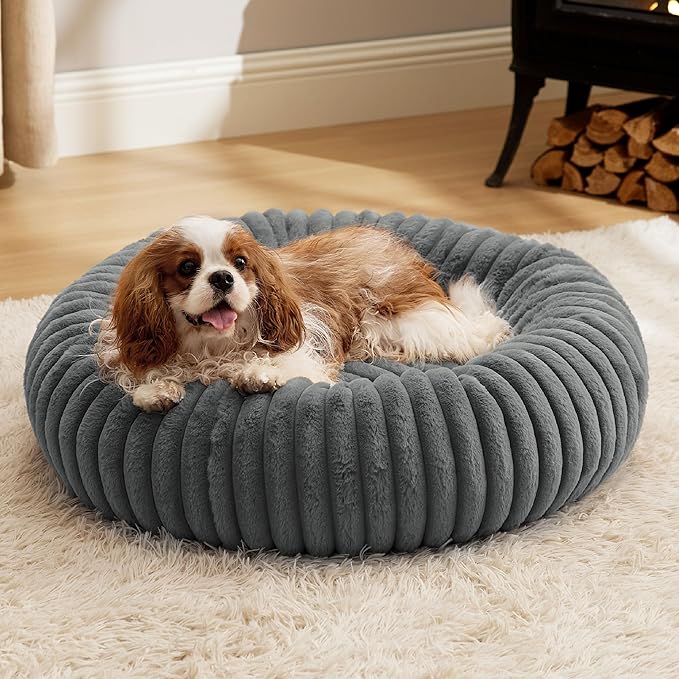 Bedsure Donut Medium Dog Bed - Washable Faux Fur with Corduroy Fleece & Anti Slip Bottom, Round Pet