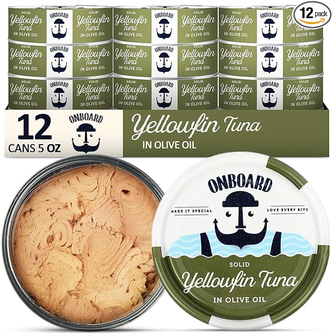 ONBOARD Premium Yellowfin Tuna in Olive Oil - 12 Pack Solid Light 5 Oz Cans Sustainably Wild Caught
