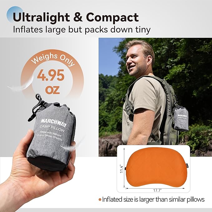 MARCHWAY Ultralight Inflatable Camping Pillow with Soft Washable Cover, Compact Compressible