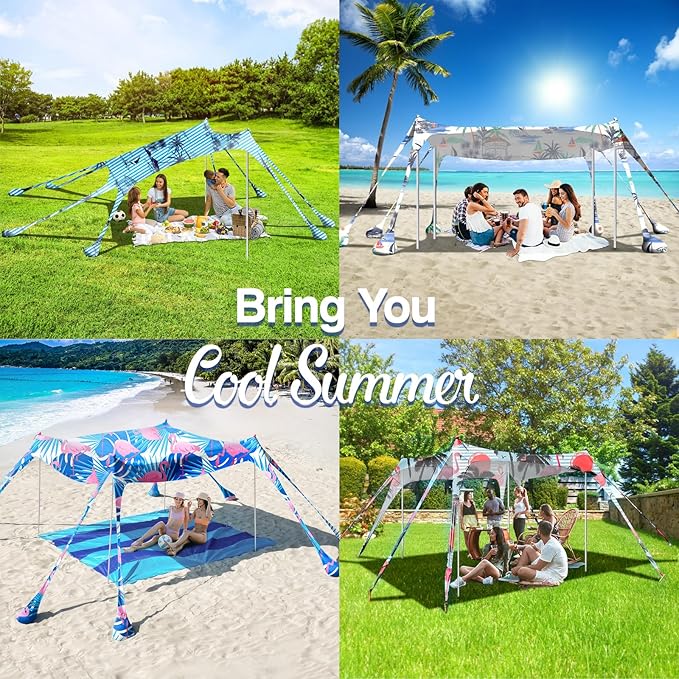 Rhino Valley Beach Tent Shade Canopy UPF50+ Protection, 8 Sandbags, 4 Stability Poles, Outdoor Sun