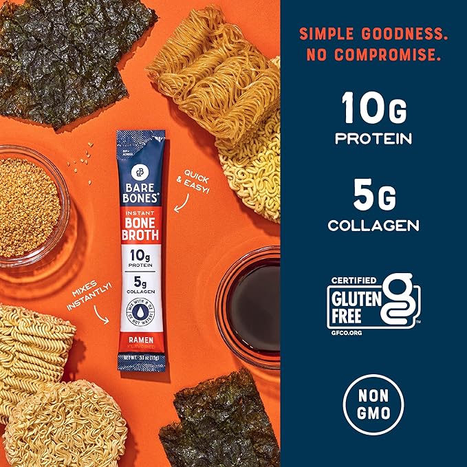 Bare Bones Bone Broth Instant Powdered Beverage Mix, Ramen, Pack of 16, 15g Sticks, 10g Protein