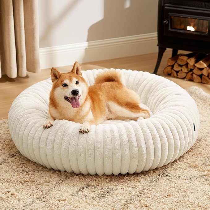Bedsure Donut Large Dog Bed - Washable Faux Fur with Corduroy Fleece & Anti Slip Bottom, Round Pet