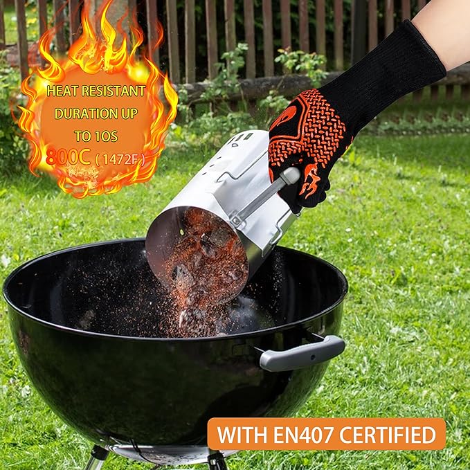 BBQ Fireproof Gloves, Grill Cut-Resistant Gloves 1472°F Heat Resistant Gloves, Non-Slip Silicone