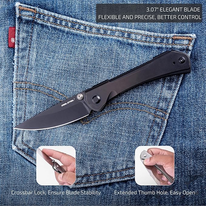 REALSTEEL SYLPH Folding Pocket Knife, Liner Lock, 3.07" Nitro-V Steel Black PVD Blade, Thumb Stud