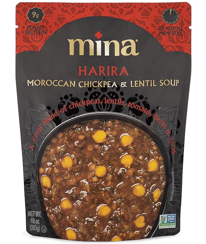 Mina Harira, Moroccan Chickpea & Lentil Soup, Ready to Eat Meals,10 oz Gluten Free Soup, High In