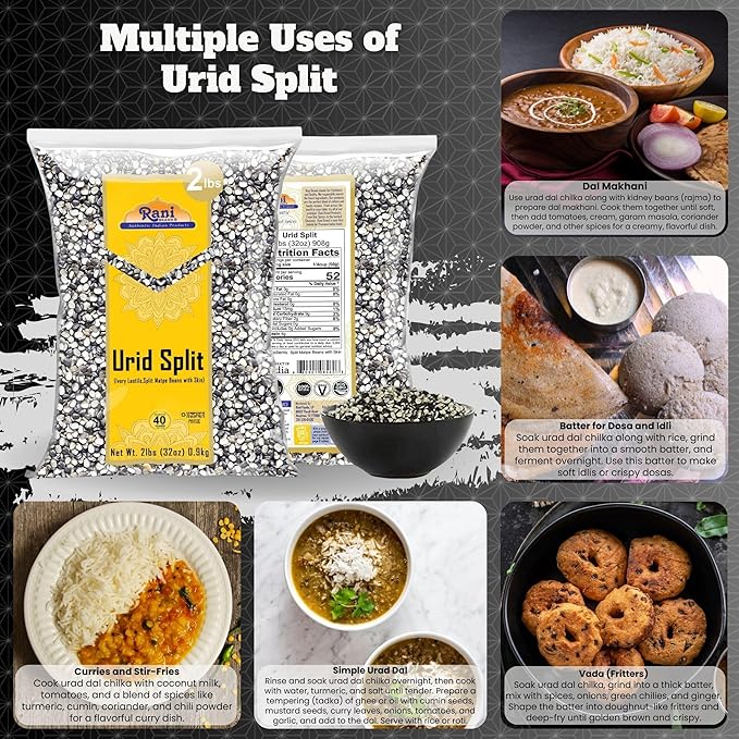Rani Urid/Urad Split Chilka (Split Matpe Beans with Skin) Indian Lentils 32oz (2lbs) 908g ~ All