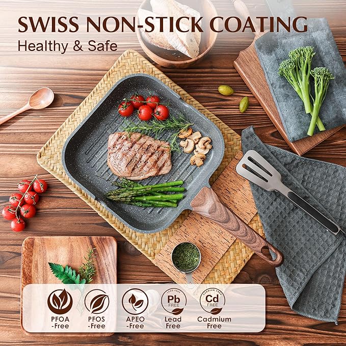 SENSARTE Nonstick Grill Pan for Stove Tops, Versatile Griddle Pan with Pour Spouts, Square Grill
