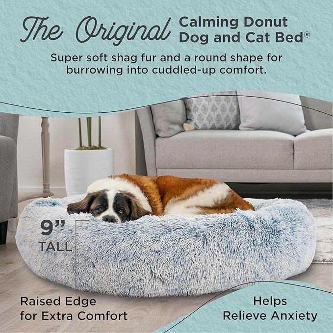 Best Friends by Sheri Original Calming Donut Dog and Cat Bed, Shag Faux Fur, Denim Blue, XL (45in x