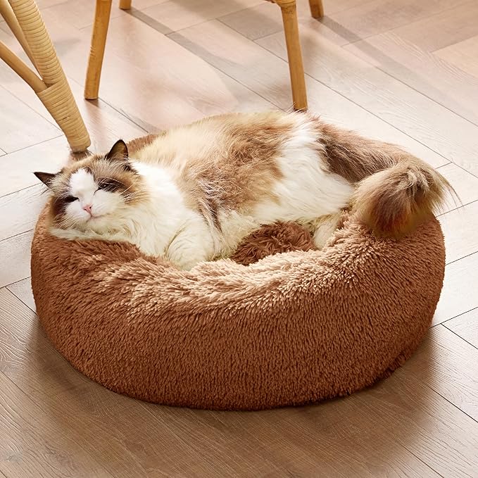 Bedsure Calming Cat Beds for Indoor Cats - Small Cat Bed Washable 20 inches, Anti-Slip Round Fluffy