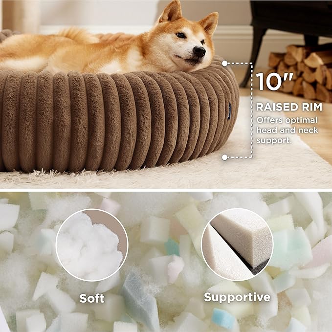 Bedsure Donut Large Dog Bed - Washable Faux Fur with Corduroy Fleece & Anti Slip Bottom, Round Pet