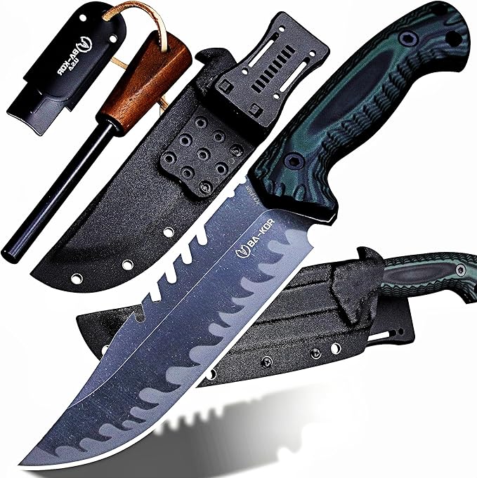 BA-KOR 12.4in Full Tang Fixed Blade Hunting Knife ??6mm 9CR18MoV Steel, G10 Handle, Stonewashed