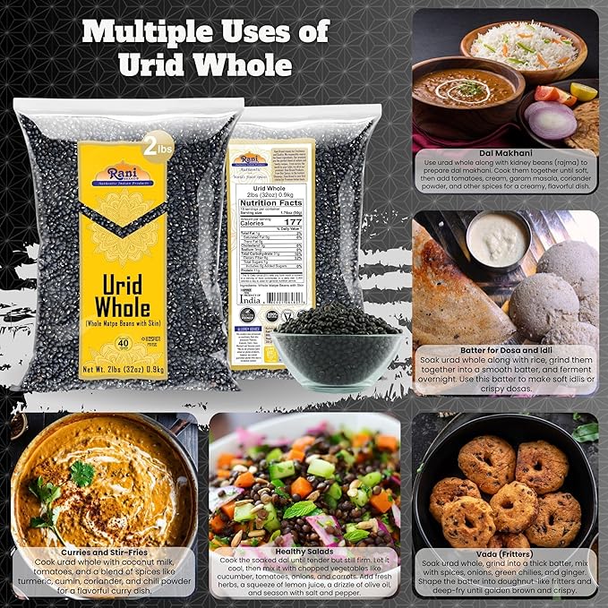 Rani Urid/Urad Whole Black (Matpe Beans with Skin) Indian Lentils 32oz (2lbs) 908g ~ All Natural |