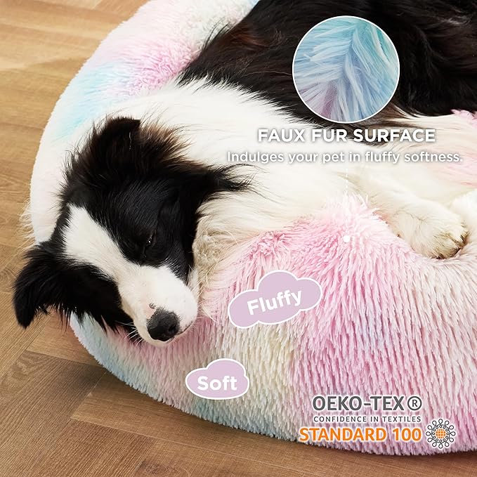 Bedsure Calming Dog Bed for Large Dogs - Donut Washable Large Pet Bed, Anti-Slip Round Fluffy Plush