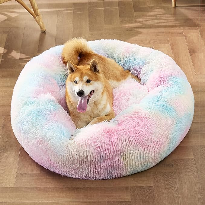 Bedsure Calming Dog Bed for Medium Dogs - Donut Washable Medium Pet Bed, Anti-Slip Round Fluffy