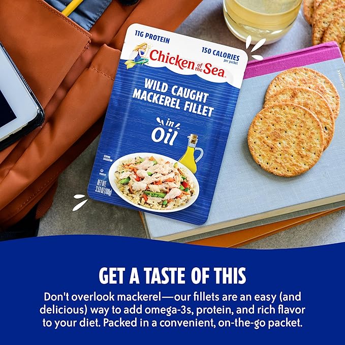 Chicken of the Sea Mackerel Fillet in Oil, 3.53 oz. Packets (Box of 24), Wild Caught Mackerel