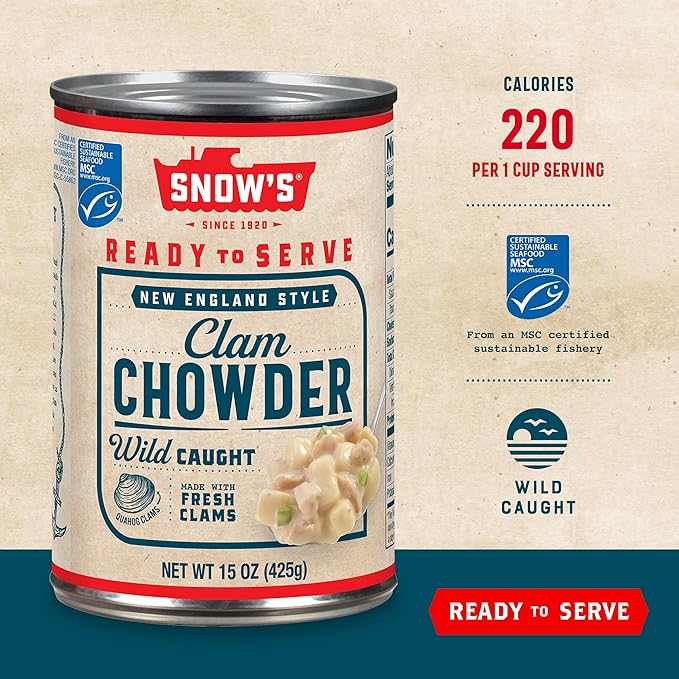 Snow's New England Clam Chowder, 15 oz Can (Pack of 12) - 13g Protein per Serving - Ready-to-Serve