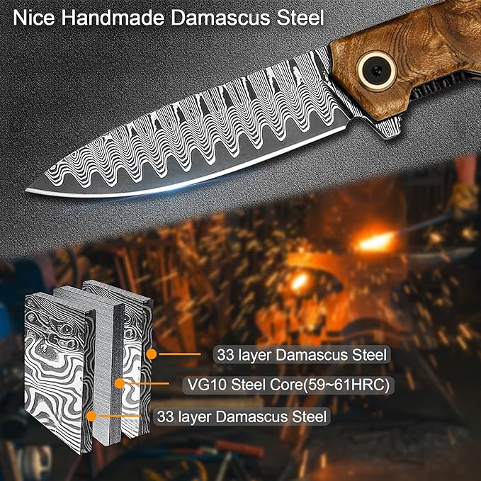 VNLA Damascus Folding Pocket Knife,Handmade knife,Forged Damascus Steel Blade,handle made of maple