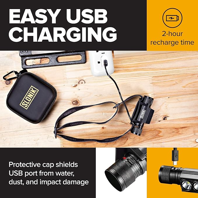 SLONIK Headlamp Rechargeable - 1000 Lumen LED USB Rechargeable Headlight - IPX4 Waterproof Head