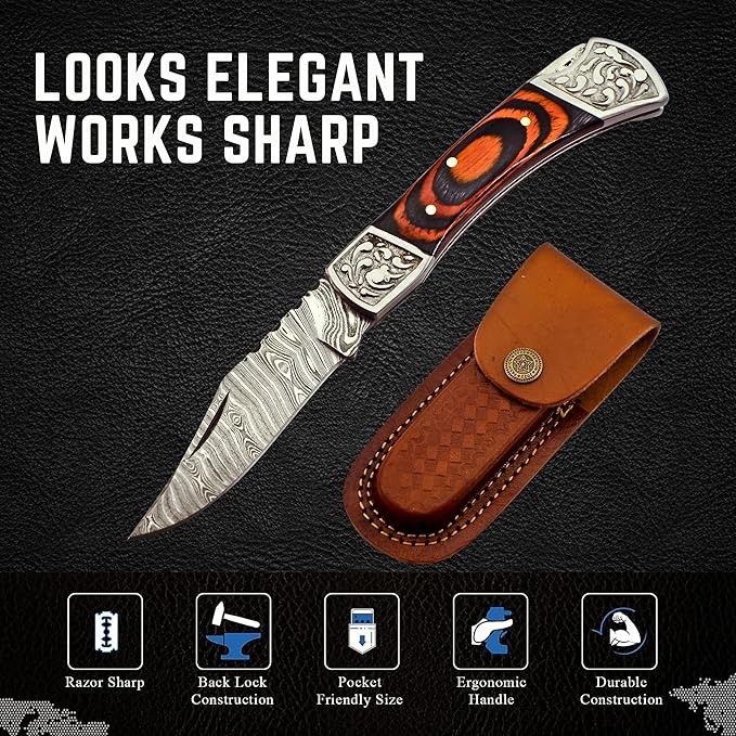 Handmade Damascus Pocket Knife for Men - 7.2 Inches Engraved Steel Damascus Folding Pocket Knife