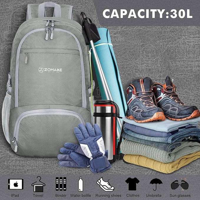 ZOMAKE Lightweight Packable Backpack 30L, Foldable Hiking Backpacks Water Resistant Compact Folding