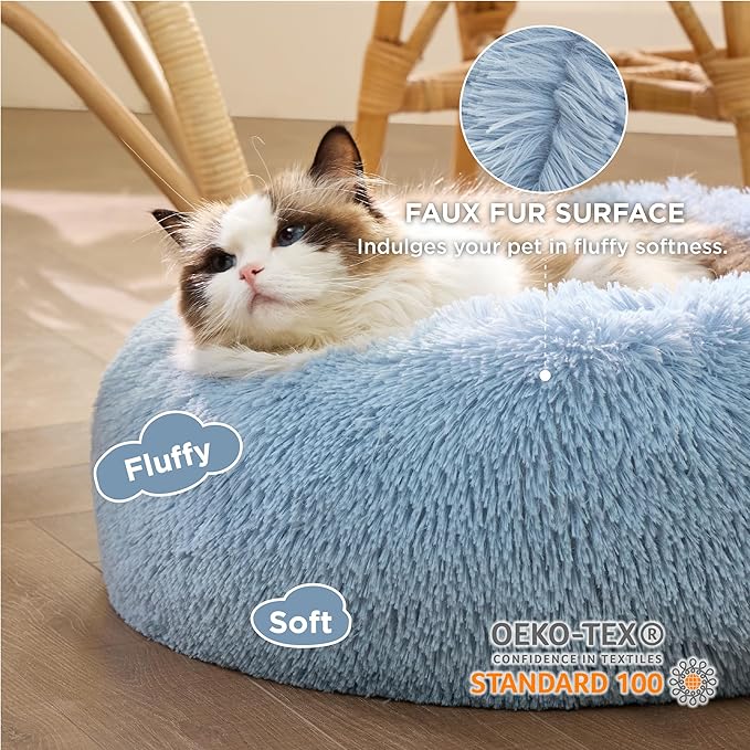 Bedsure Calming Cat Beds for Indoor Cats - Small Washable Round Cat Bed, Anti-Slip Fluffy Plush