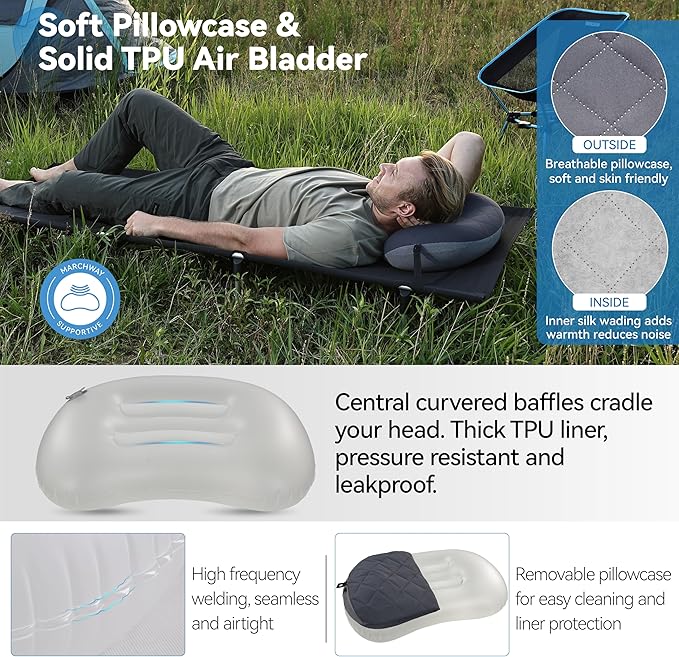 MARCHWAY Ultralight Inflatable Camping Pillow with Soft Washable Cover, Compact Compressible