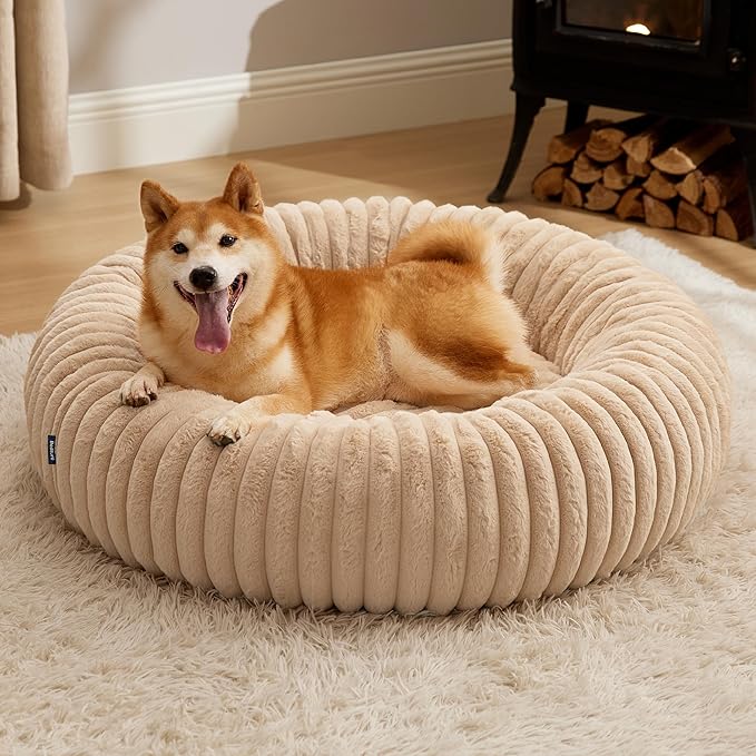 Bedsure Donut Large Dog Bed - Washable Faux Fur with Corduroy Fleece & Anti Slip Bottom, Round Pet
