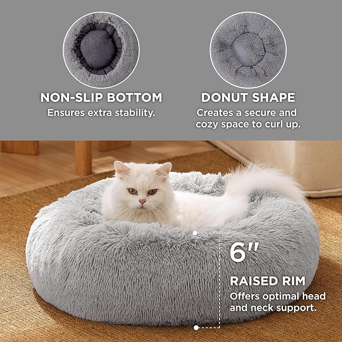 Bedsure Calming Cat Beds for Indoor Cats - Small Cat Bed Washable 20 inches, Anti-Slip Round Fluffy