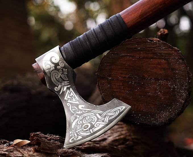 Viking Axe | 18" Carbon Steel Throwing Hatchet with Ash Wood Handle & Leather Sheath | Etched Norse