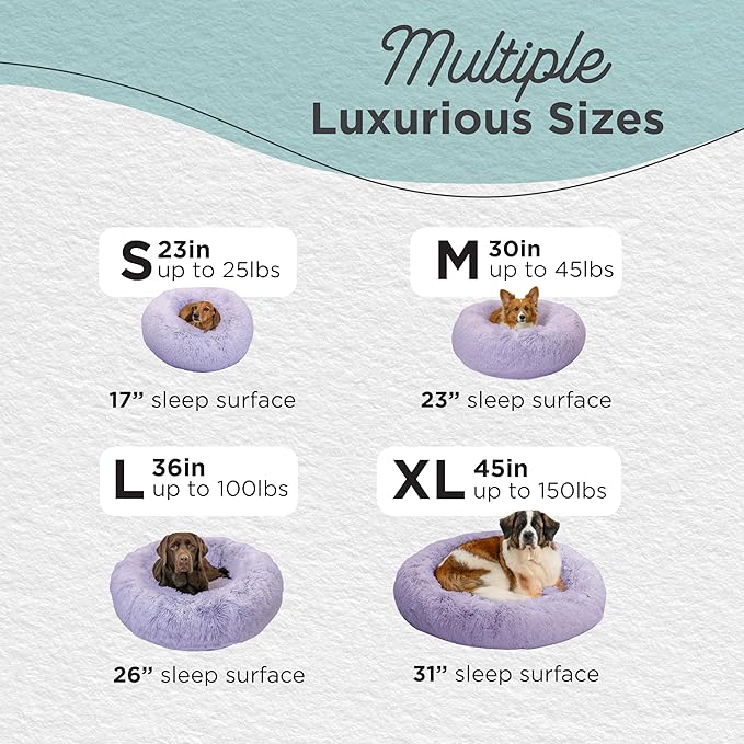 Best Friends by Sheri Original Calming Donut Dog and Cat Bed, Shag Faux Fur, Lavender, (30in x