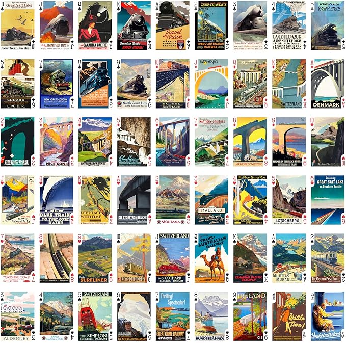 Travel by Train Playing Cards (Poker Deck 54 Cards All Different) Vintage European American Railway