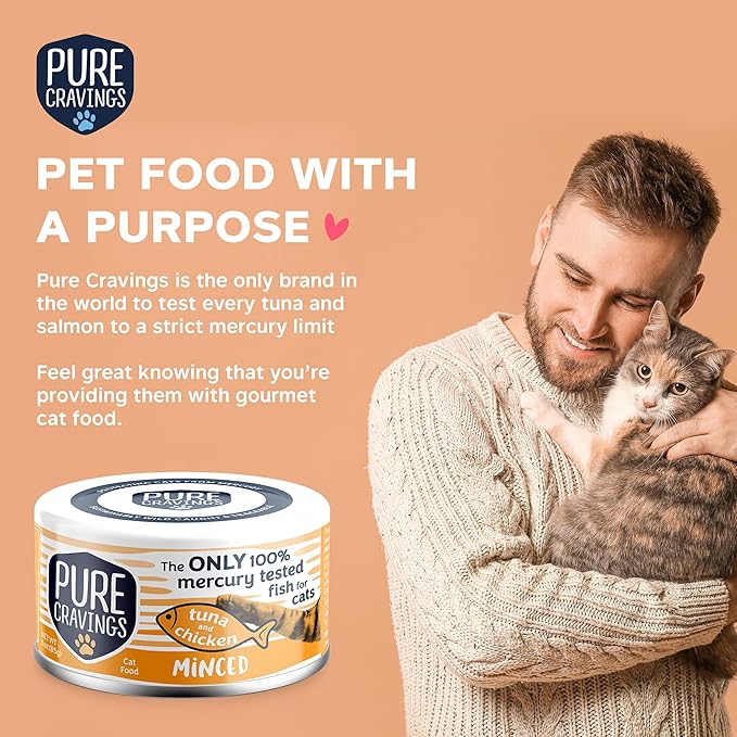 Pure Cravings Minced Tuna and Chicken Wet Canned Cat Food, 100% Mercury-Tested, Moist Can Fish for