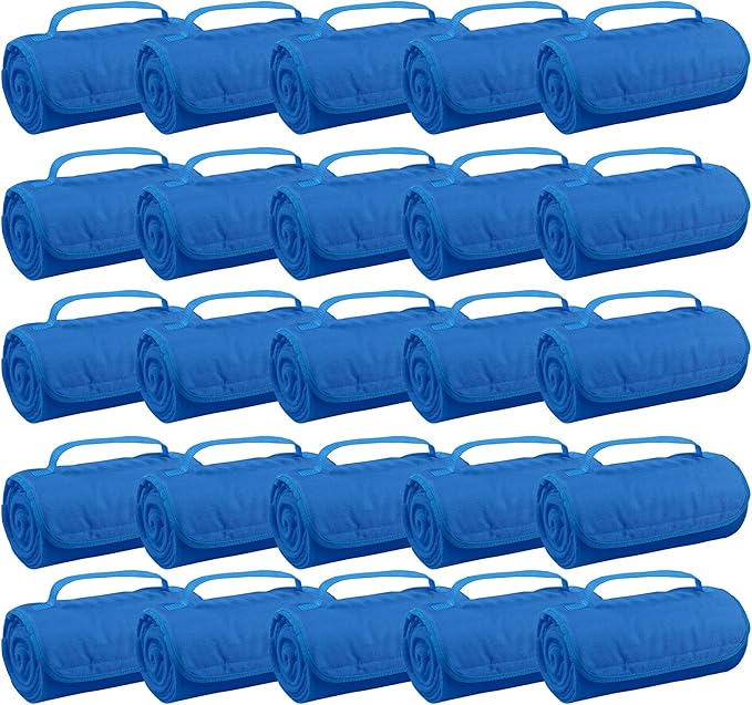 25 Ct of Roll-Up Blankets for Camping, Travel, Outdoors, Beach, Picnics – Royal Blue – Hook + Loop