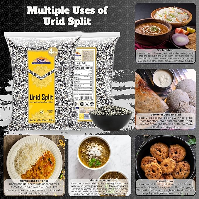 Rani Urid/Urad Split Chilka (Split Matpe Beans with Skin) Indian Lentils 64oz (4lbs) 1.81kg Bulk ~
