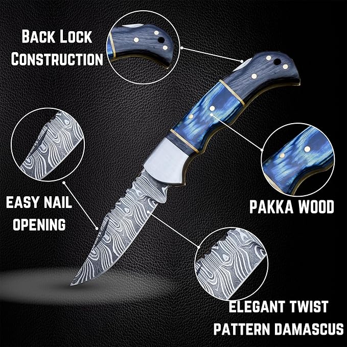 Handmade Damascus Pocket Knife for Men - 6.5 Inches Damascus Folding Pocket Knife with Clip Belt