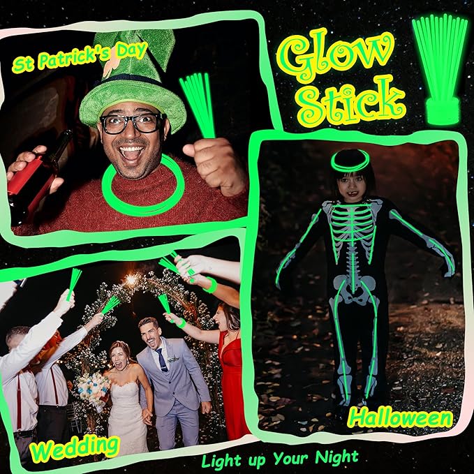 ILHSTY 100 pk 8'' Green Glow Sticks Glow Necklaces In The Dark Party Favors Supplies Bright