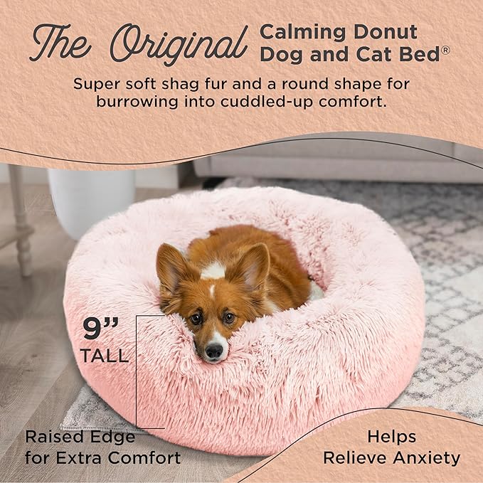 Best Friends by Sheri Original Calming Donut Dog and Cat Bed, Shag Faux Fur, Cotton Candy Pink