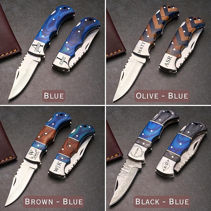 Personalized Folding Knife, Damascus Brown Pocket Knife, Custom Gift for Grandpa, Uncle, Brother