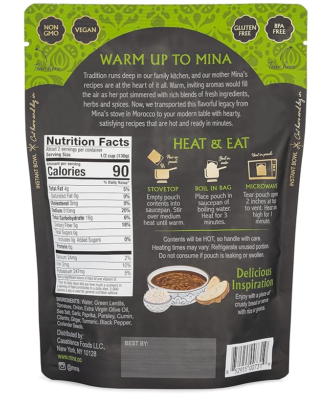 Mina Moroccan Lentils, Ready to Eat, Lentils High In Plant Based Protein, Vegan, Non-GMO, Gluten