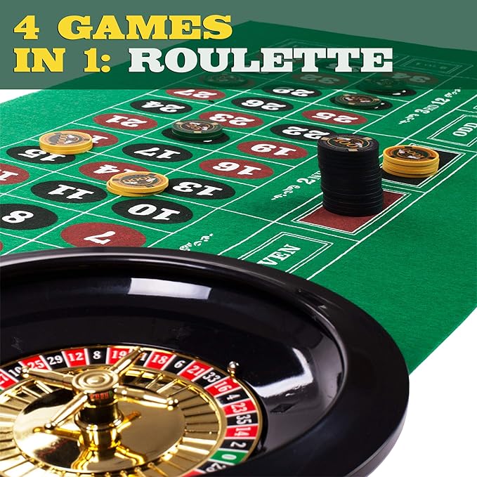 Brybelly Casino Night 4-in-1 Complete Game Set with Felts, Wheel, 100 Chips, Dice & Cards for